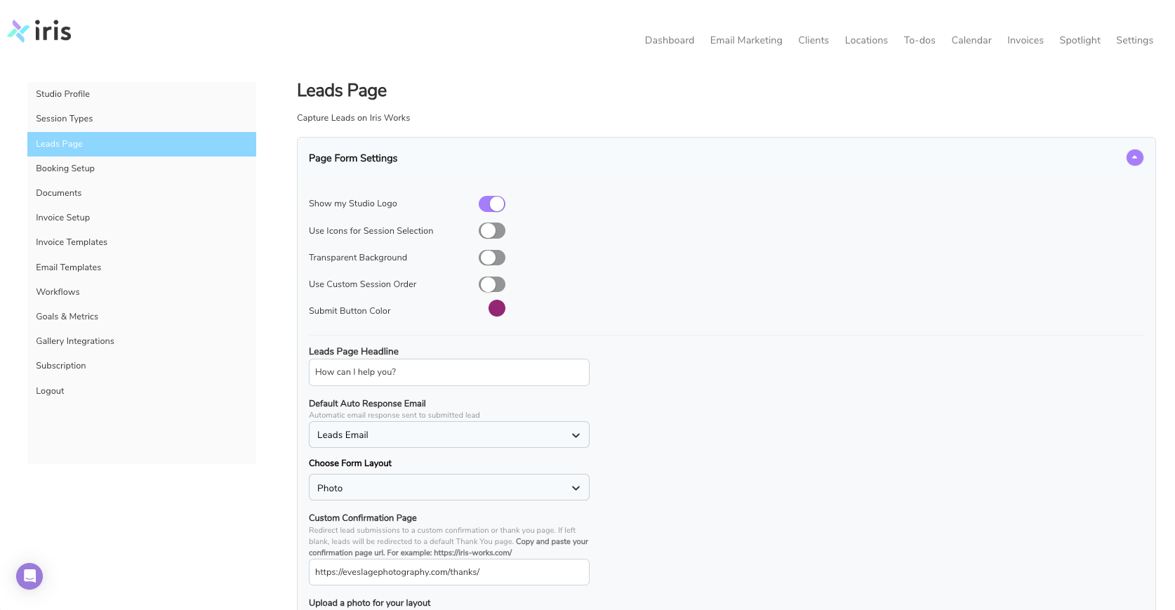 Iris Works Leads Page settings, showing form customization options like studio logo, leads page headline, auto response email, and form layout