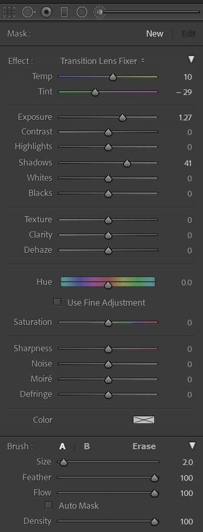 Transition Lens Adjustment Brush - Settings Transition Lens Adjustment Brush - Settings