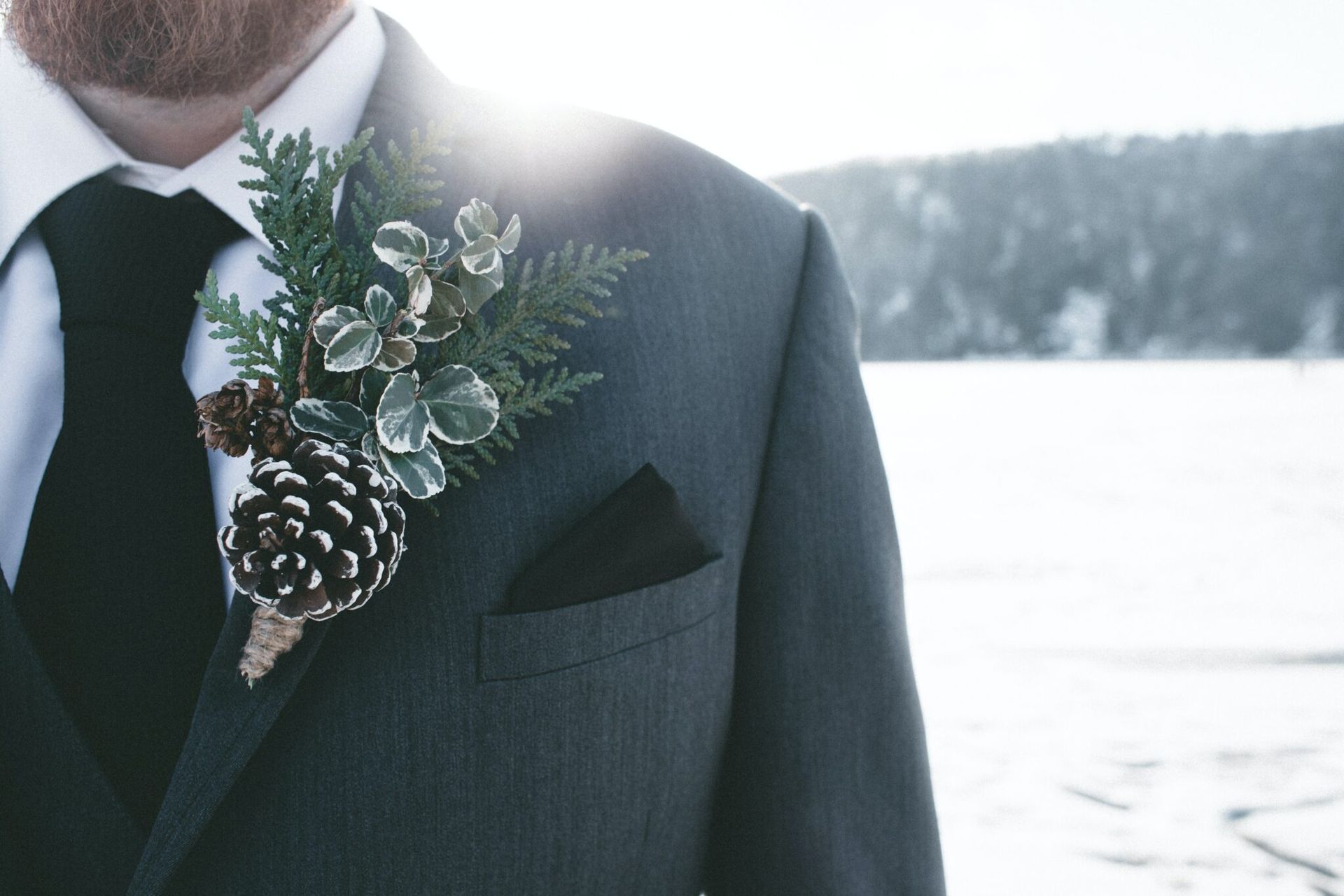 A man in a suit and tie has a pine cone on his lapel.