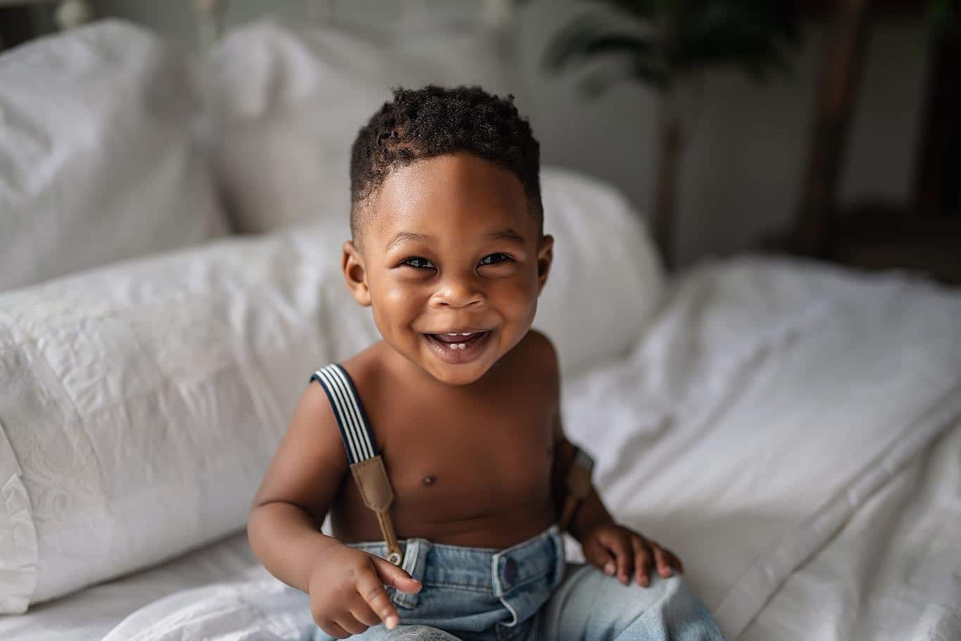 A baby is sitting on a bed wearing suspenders and smiling.