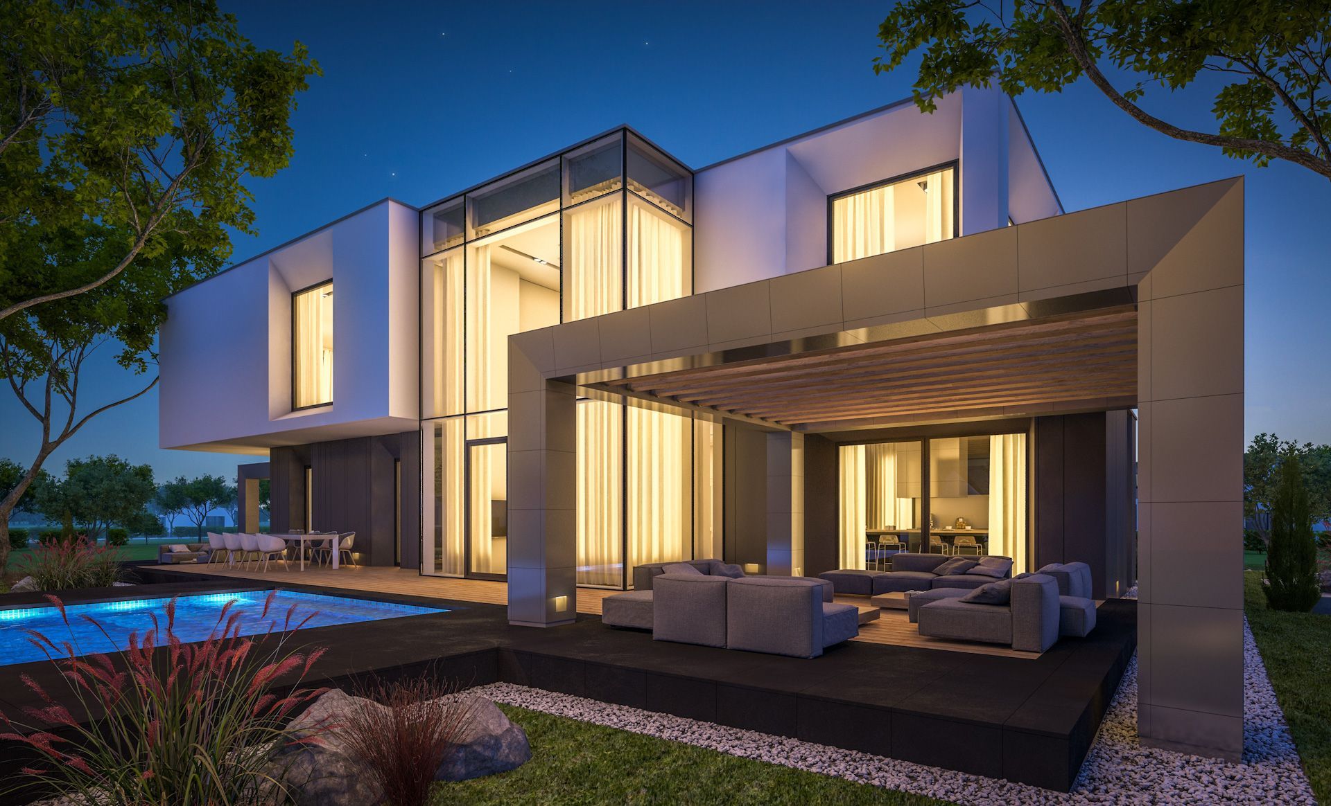 An artist 's impression of a modern house with a swimming pool at night.