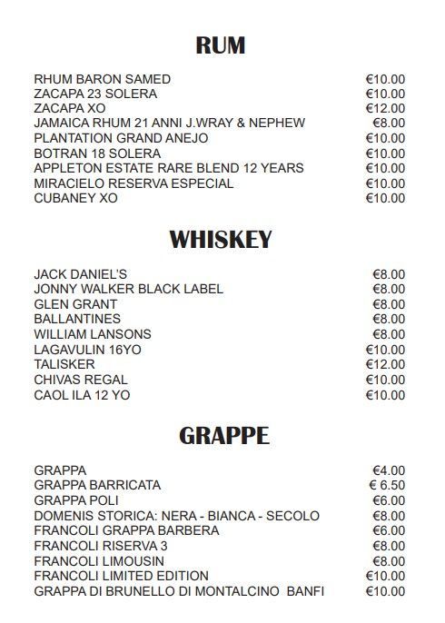 Menù con l'elenco delle opzioni di rum, whisky e grappa con i relativi prezzi.
