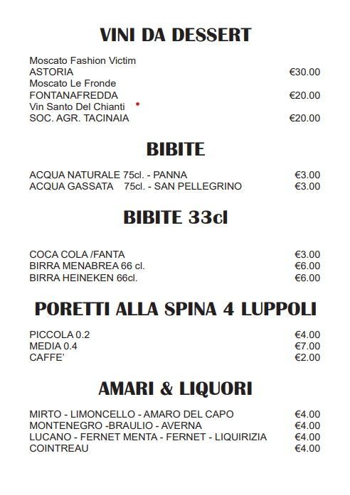 Menù con vini da dessert, bevande, birre alla spina e liquori.