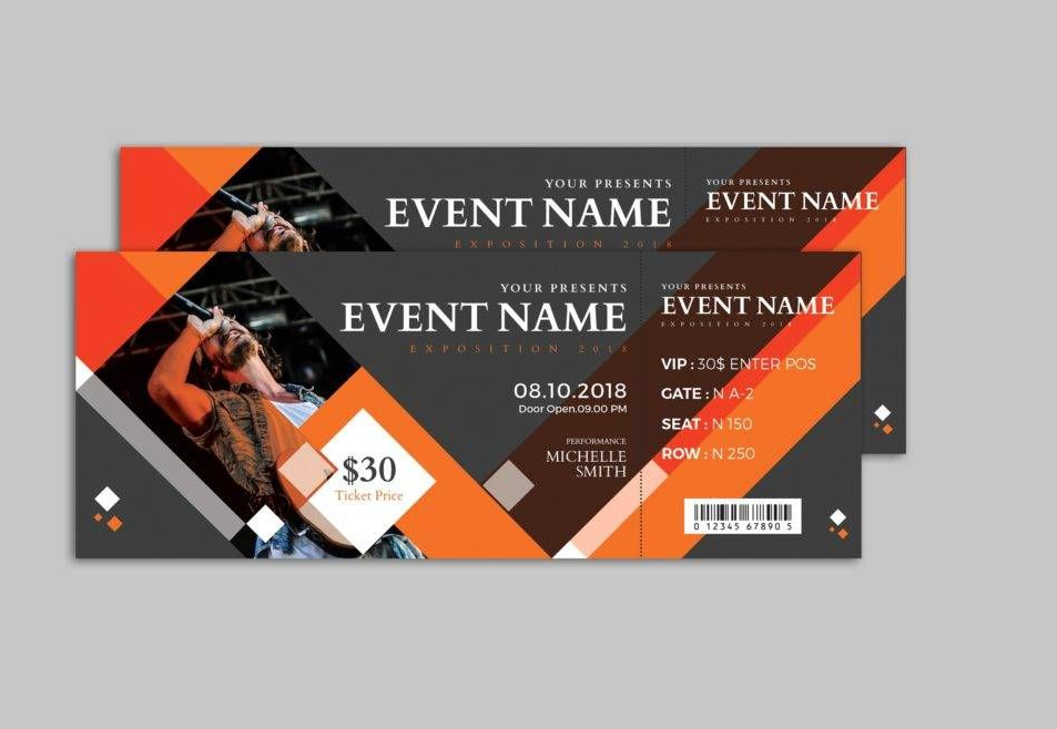 Two concert tickets, orange, black, and gray design with a photo of a person on stage.