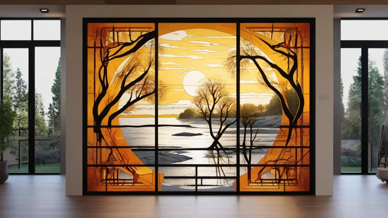 Stained glass window depicting a sunset over a river with trees, framed by a black geometric pattern.
