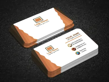 Business card design featuring a stack of white cards with a brown accent and logo. Contact information is visible.