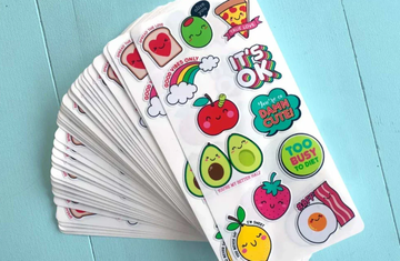 Colorful, round buttons with words like 