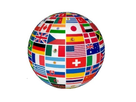 A globe with flags from many countries on it