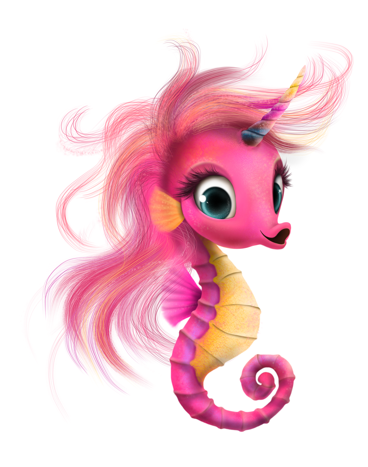 Ni a pink seahorse with a unicorn horn on its head