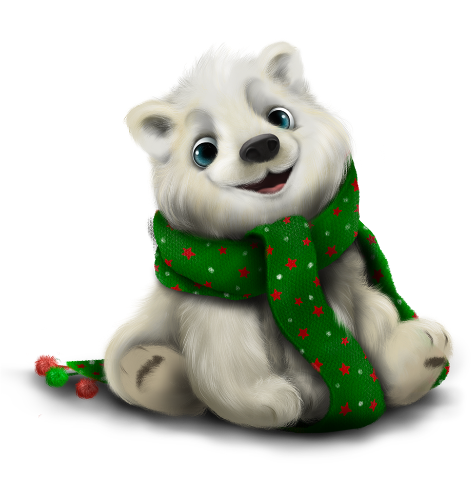 Snowy A polar bear wearing a green scarf is sitting down.