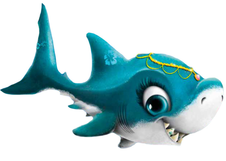 A cartoon shark with big eyes and a necklace around its neck.