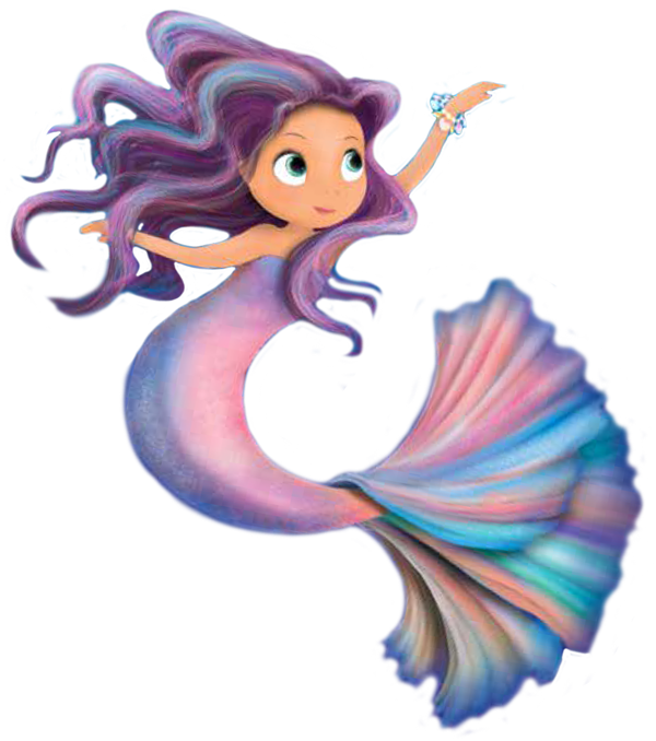 A cartoon mermaid with purple hair and a blue tail