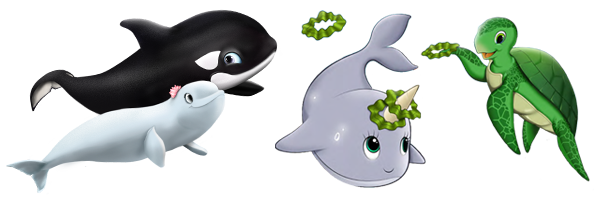 rory, nellie the narwhal and turtle