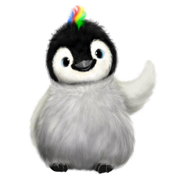 A baby penguin with a rainbow mohawk on its head