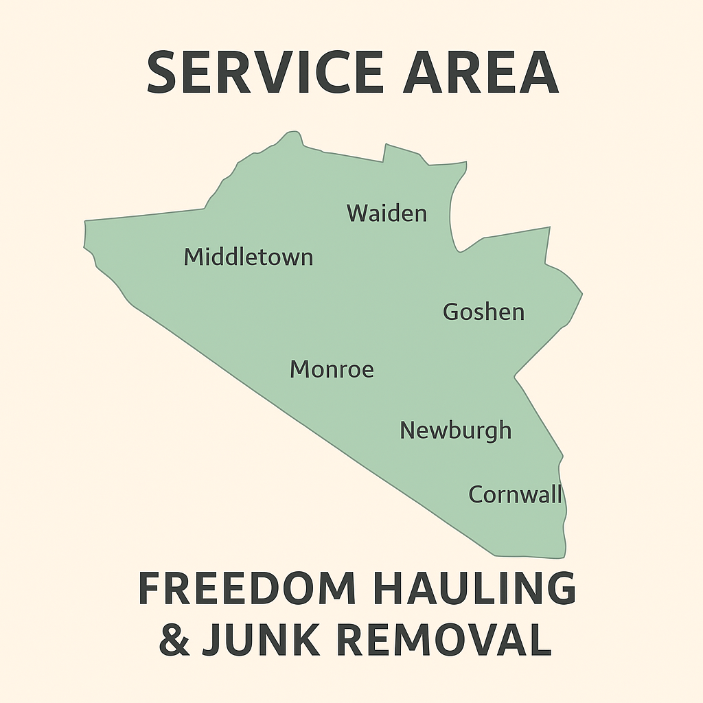 Service area map — Freedom Hauling & Junk Removal serving Orange County, NY (Middletown, Newburgh, Monroe, Warwick, Goshen, Cornwall, and surrounding towns).