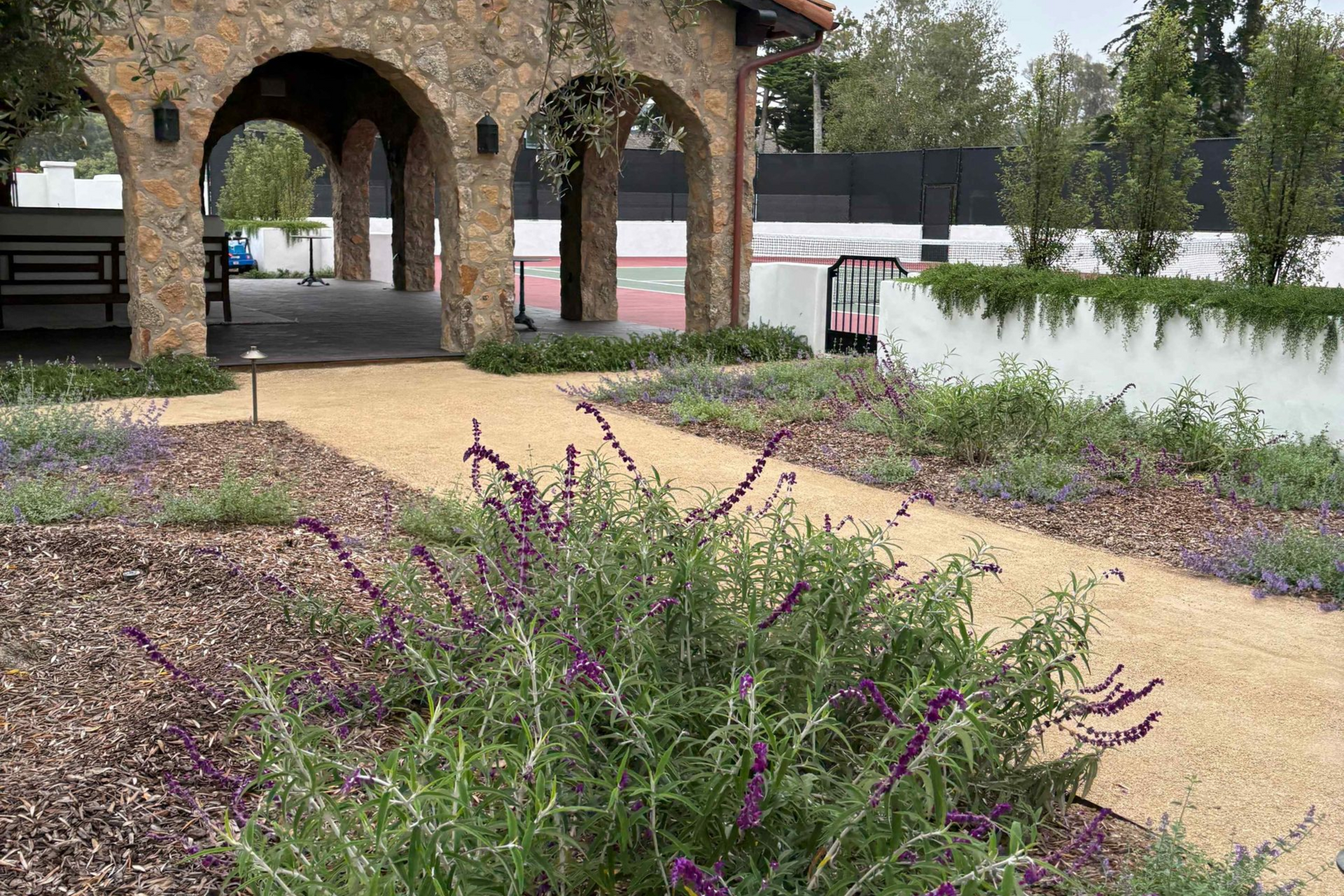 Garden path with purple flowers leading to a brick archway and white wall