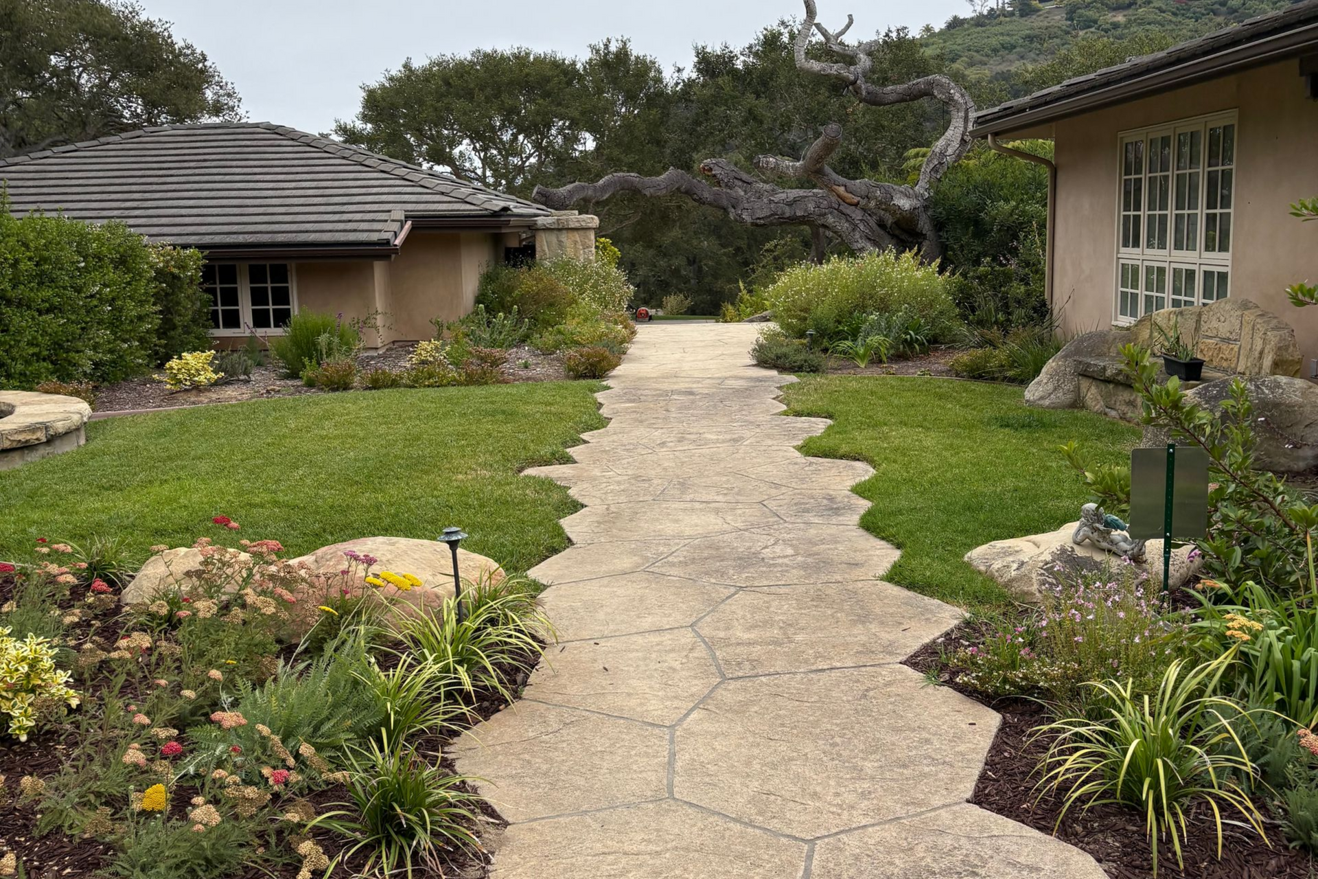 Garden path leading between two homes, bordered by flowers and greenery.