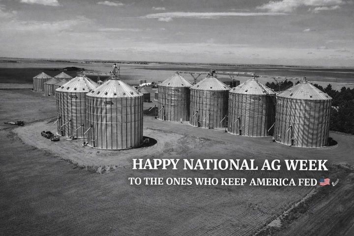 Grain silos in a farm field with the text “Happy National Ag Week” and “To the ones who keep America fed.”