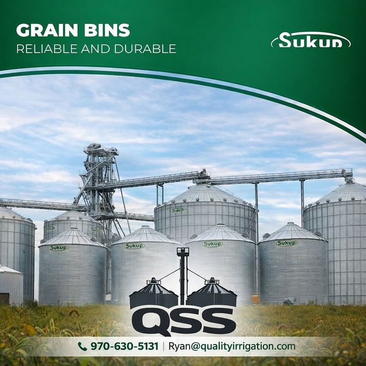 Banner showing silver grain bins under a blue sky with Sukup and QSS logos and contact information.