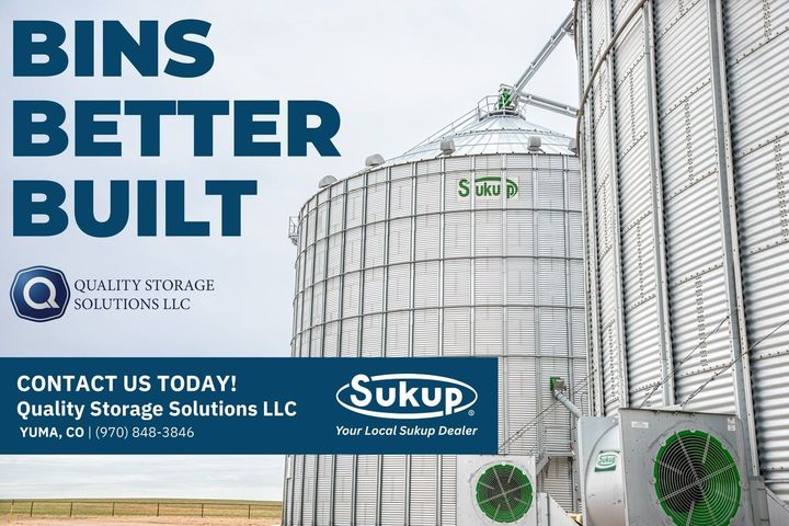 Large white storage bins with “BINS BETTER BUILT” and Sukup branding, plus a contact banner.