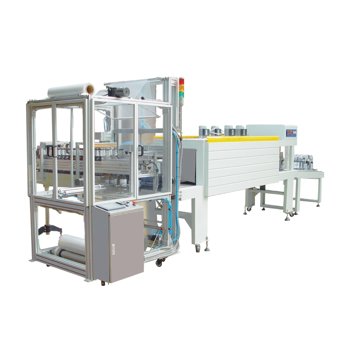 Máquina de embalaje industrial con estructura metálica, unidad transportadora blanca y luces de control naranjas.