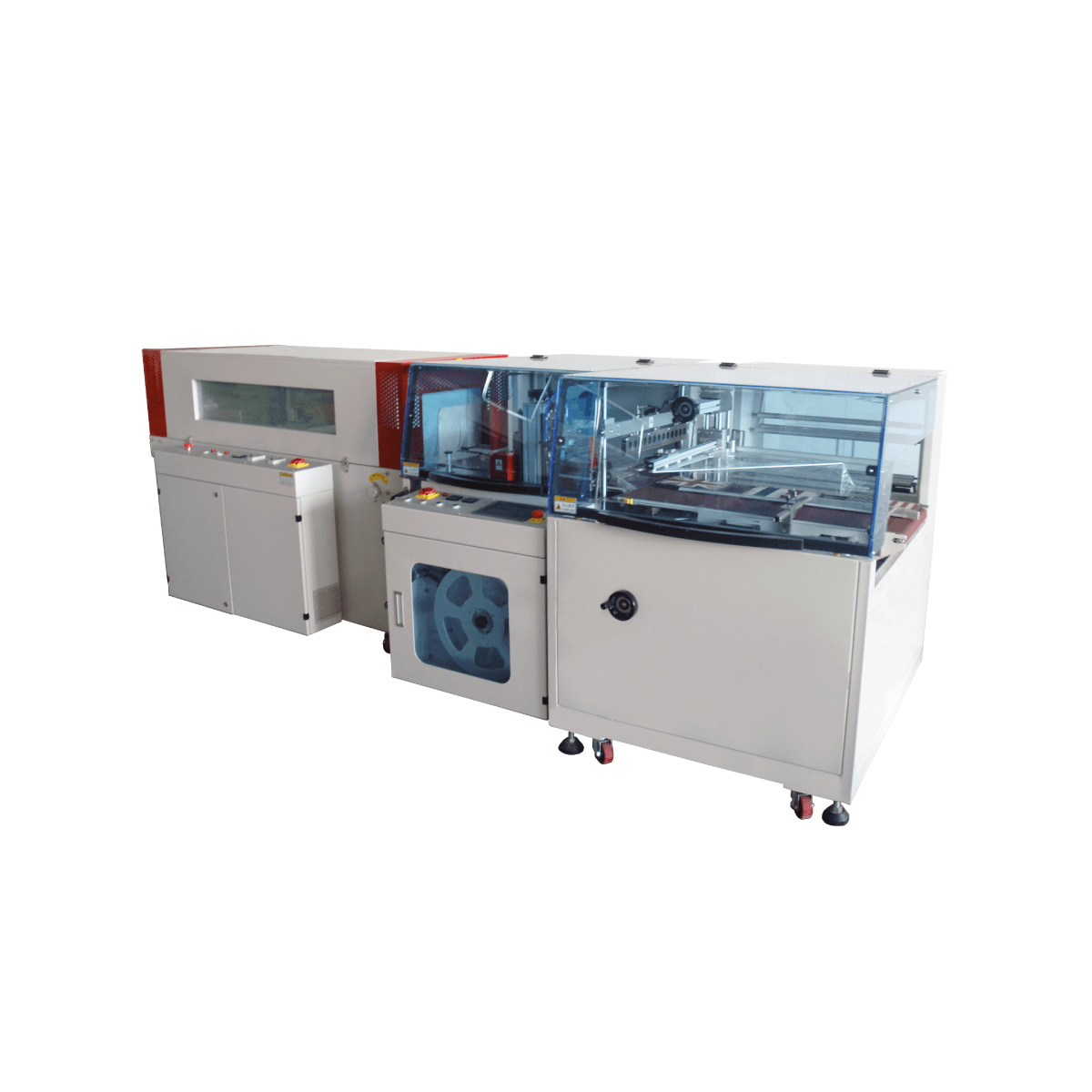 Máquina de embalaje industrial con cubierta de seguridad azul transparente y armarios blancos sobre ruedas.