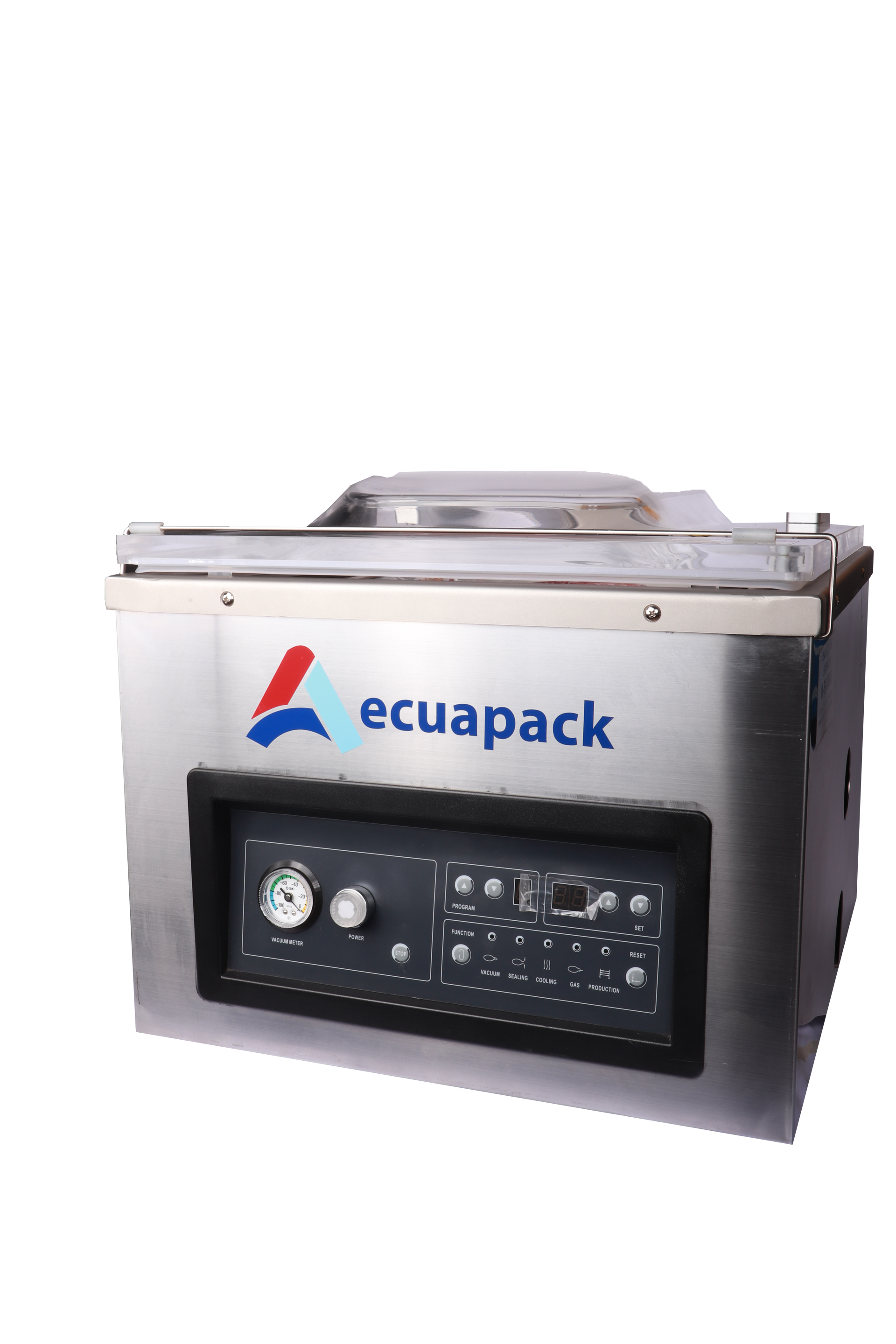 Máquina envasadora al vacío Ecuapack, de acero inoxidable con panel de control negro y tapa transparente.