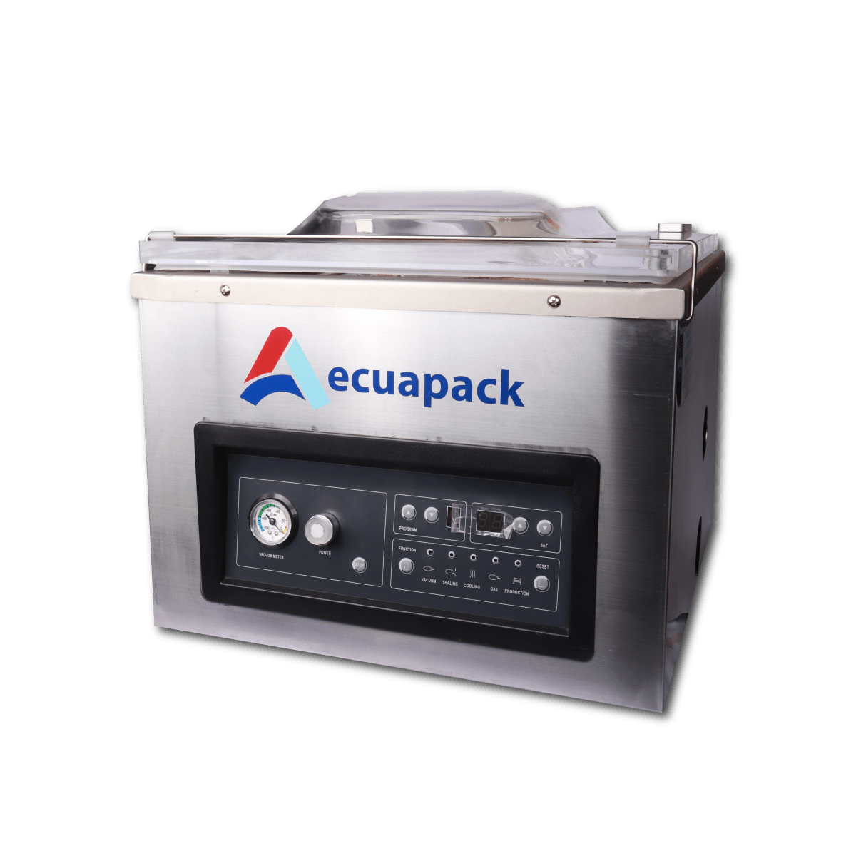 Máquina de envasado al vacío Ecuapack de acero inoxidable con panel de control frontal.