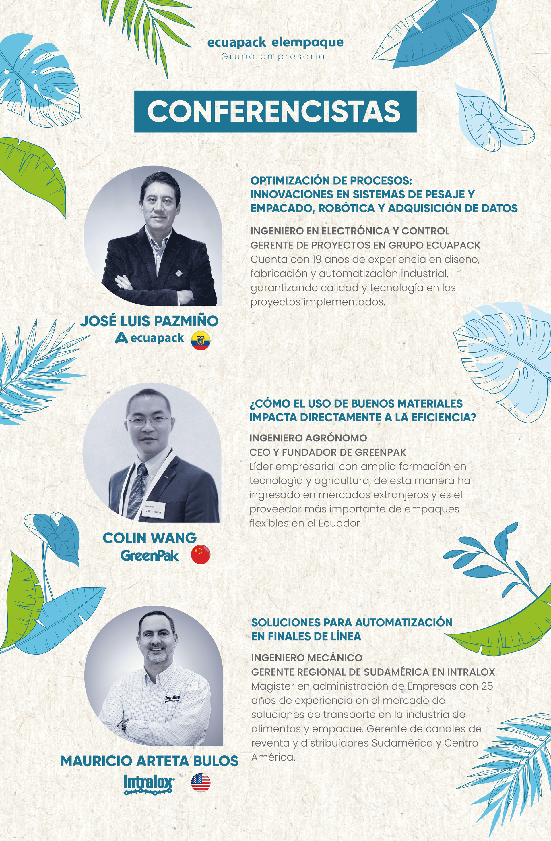 Cartel titulado “Conferencistas” con tres retratos de ponentes y detalles del evento sobre un fondo beige con hojas azul verdosas.