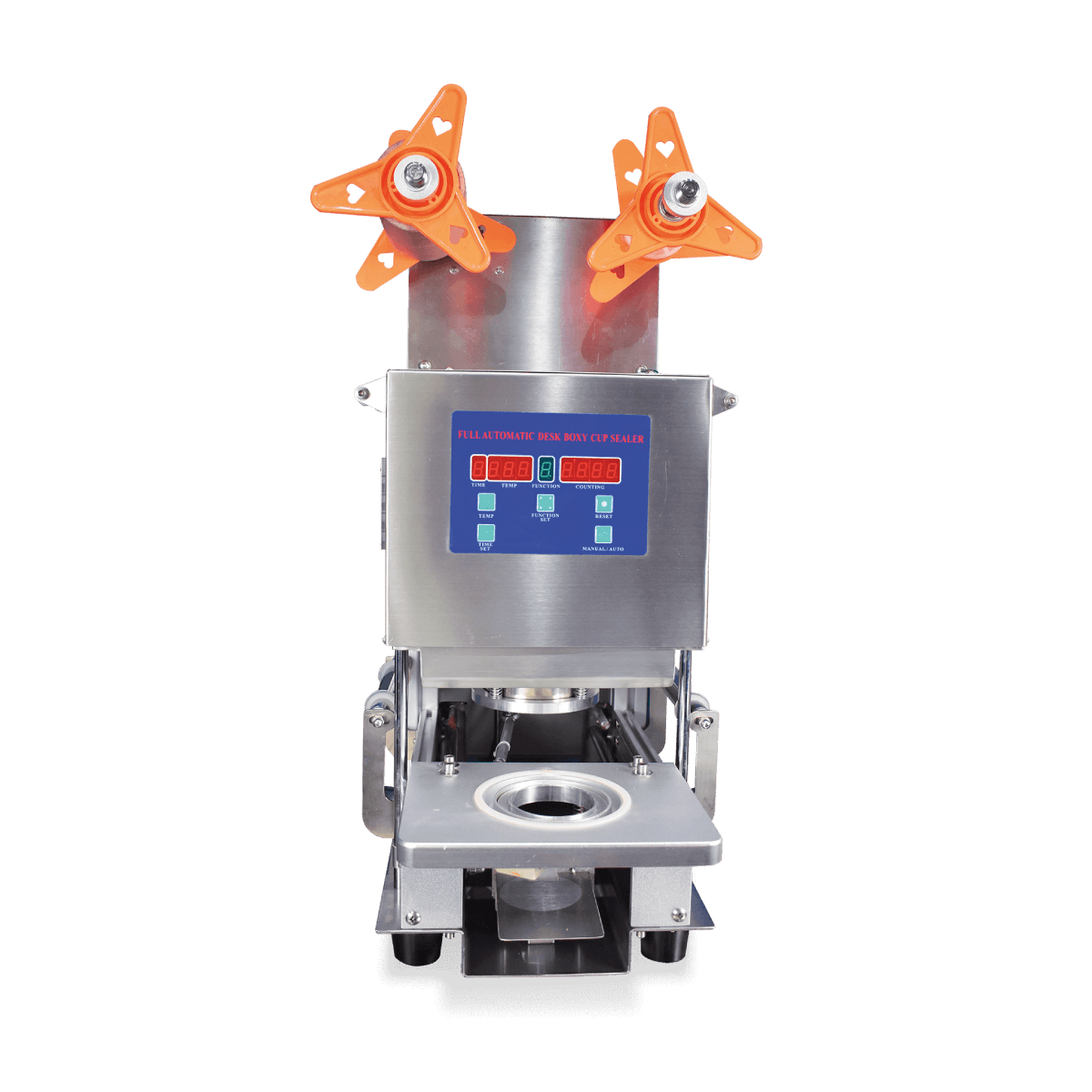 Máquina industrial de color naranja y plateado con dos piezas en forma de estrella sobre una superficie de trabajo metálica.