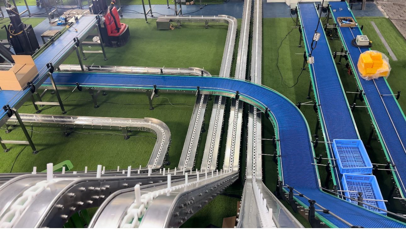 Vista aérea de un colorido parque acuático con toboganes azules, césped verde y senderos serpenteantes.
