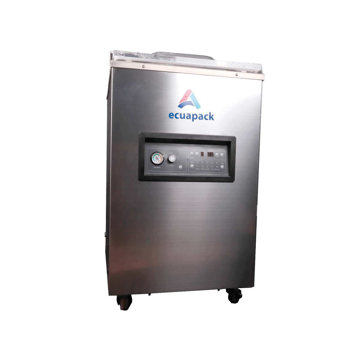Máquina industrial de acero inoxidable con panel de control frontal y el logotipo de Ecupack.