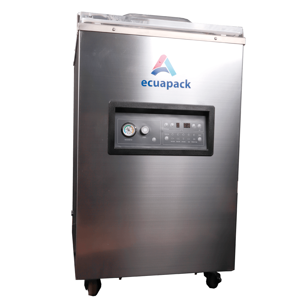 Máquina industrial de acero inoxidable con panel de control digital y ruedas, marca “ecuapack”.