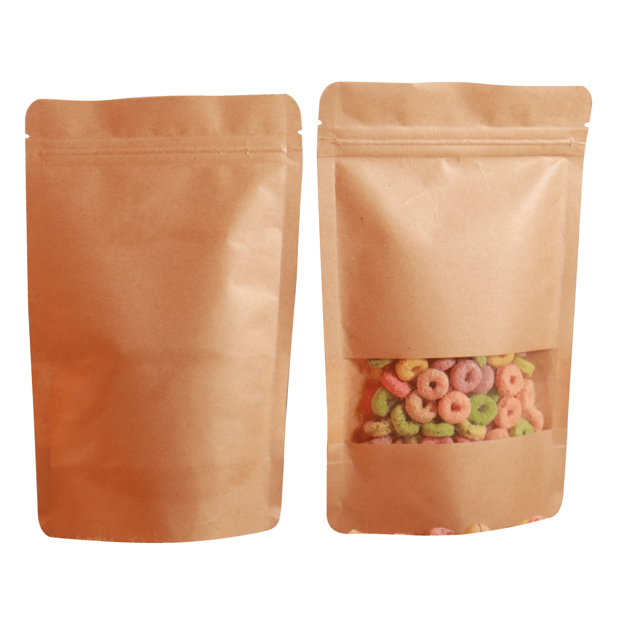 Dos bolsas de papel kraft con base plana, una lisa y otra con una ventana transparente que deja ver coloridos aros de cereal.