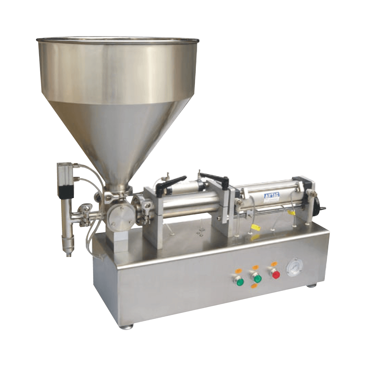 Máquina de llenado industrial de acero inoxidable con una tolva grande y botones de control sobre un fondo blanco.