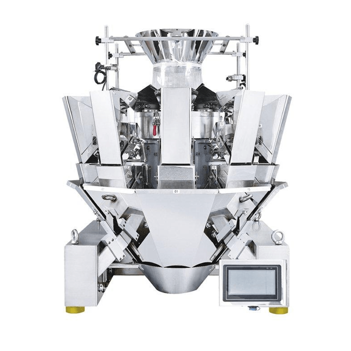 Máquina de pesaje multicabezal de acero inoxidable con tolvas de embudo y panel de control táctil.