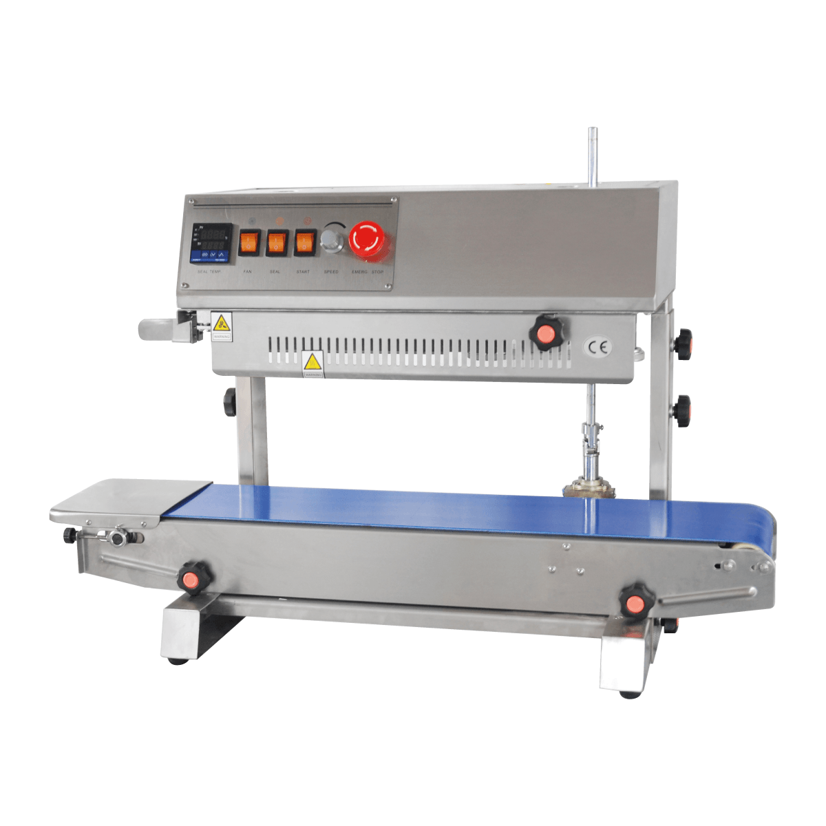 Máquina selladora de cinta transportadora de acero inoxidable con cinta azul y panel de control sobre fondo blanco.