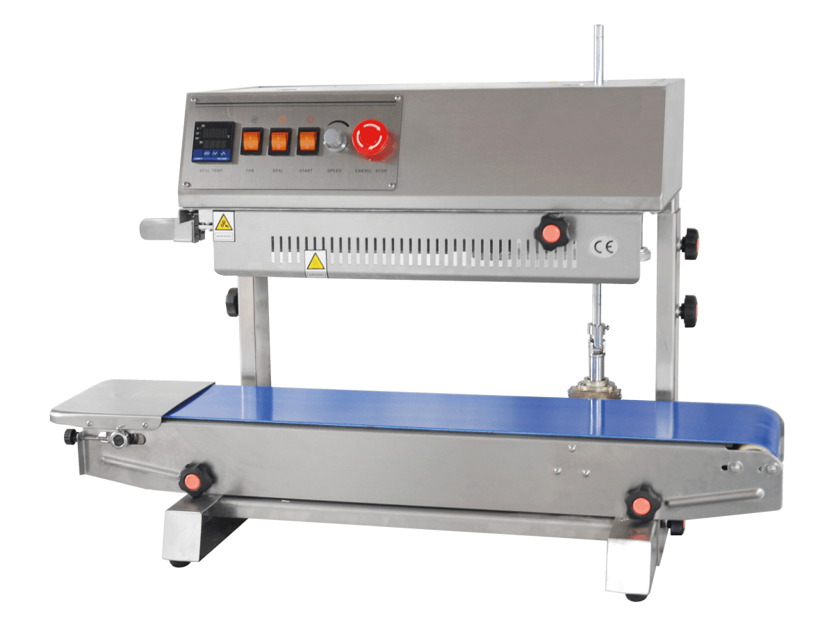 Máquina selladora de cinta transportadora de sobremesa comercial, color plata con cinta azul y controles rojos.