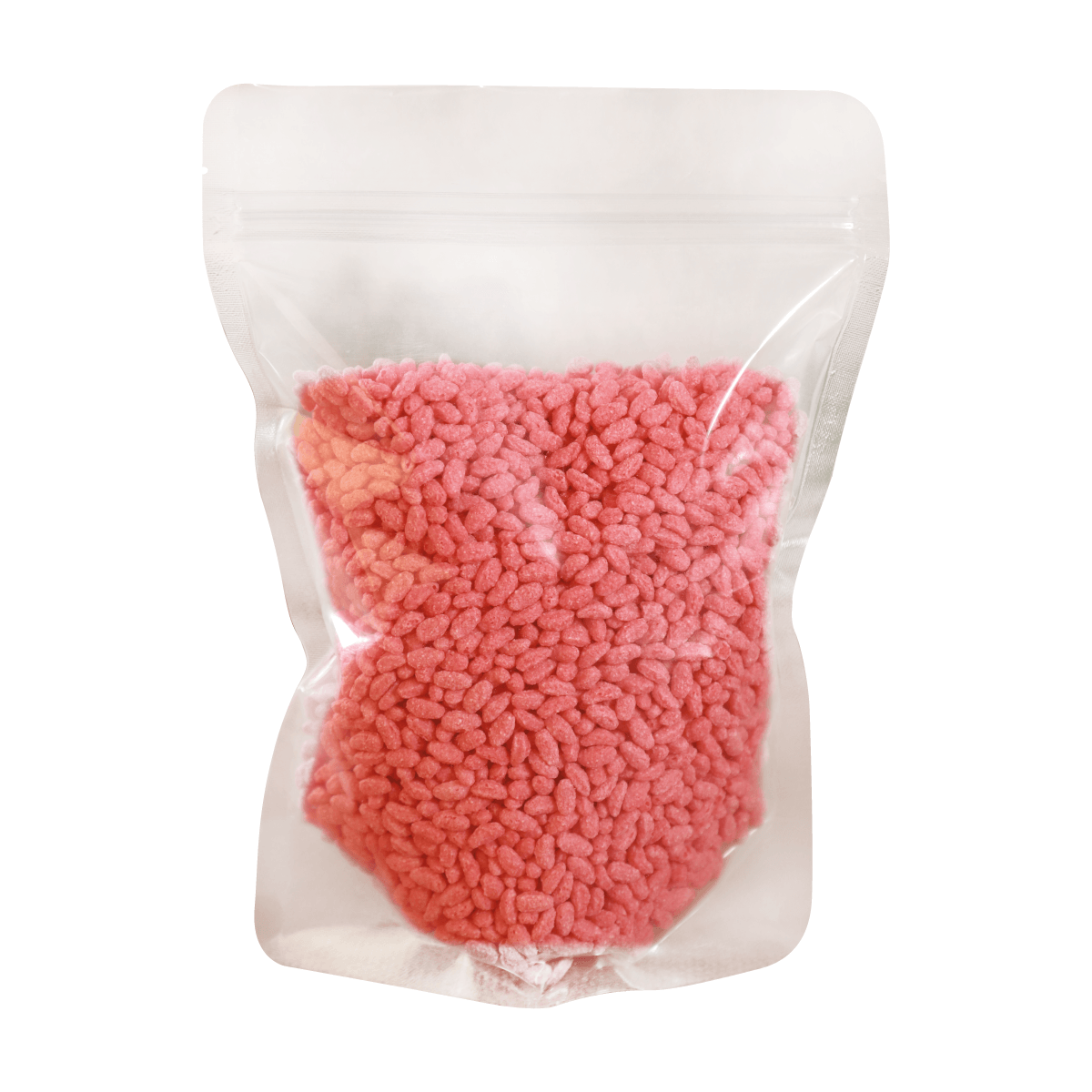 Bolsa transparente con cierre de cremallera rellena de pequeñas bolitas rosas sobre un fondo blanco.