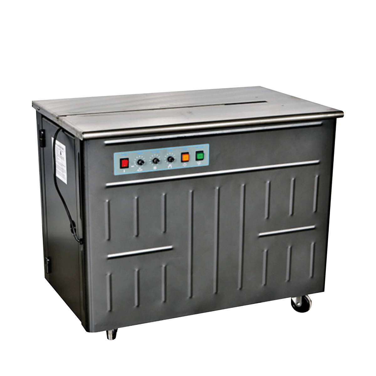 Máquina industrial de envasado al vacío de color gris con panel de control y ruedas.