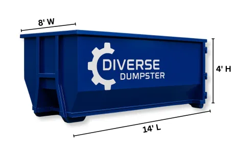 Blue dumpster with dimensions: 14' L x 8' W x 4' H, labeled