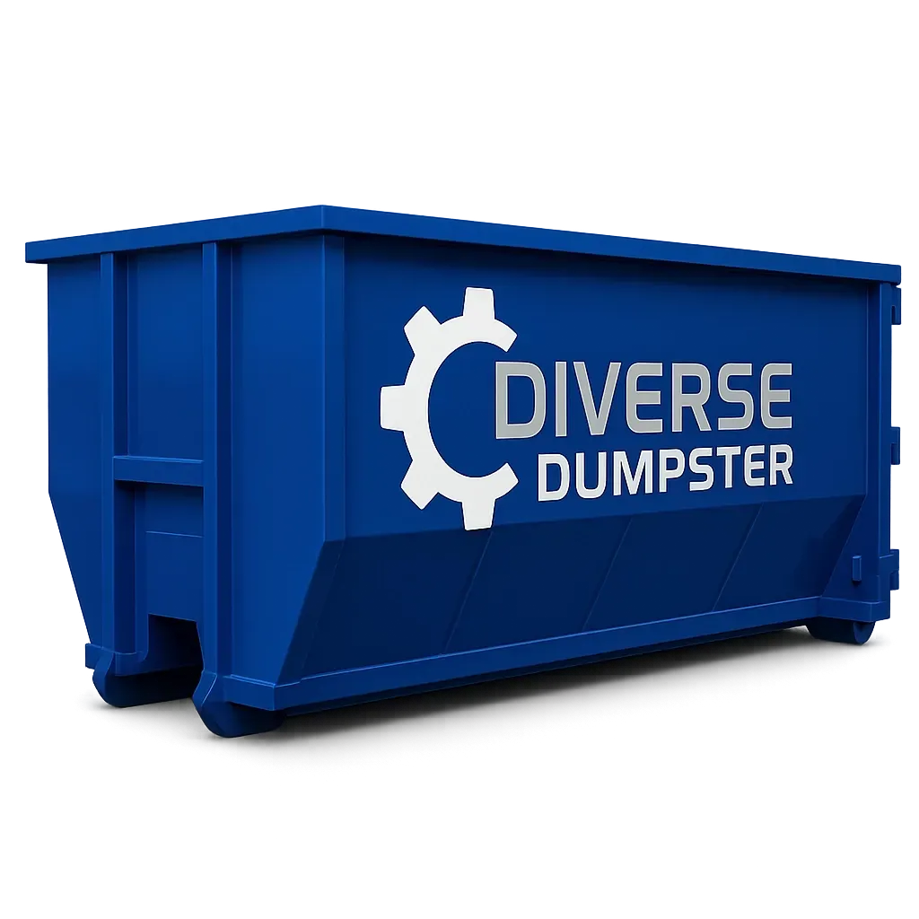A green dumpster with a yellow trim sits in the snow