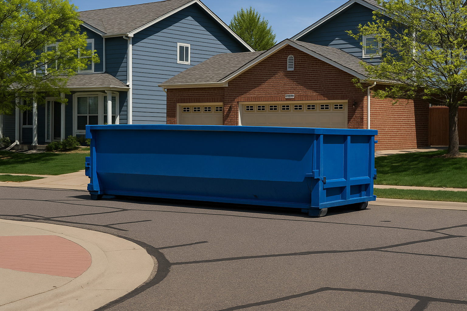 Blue dumpster on a residential street in front of houses, sunny day.