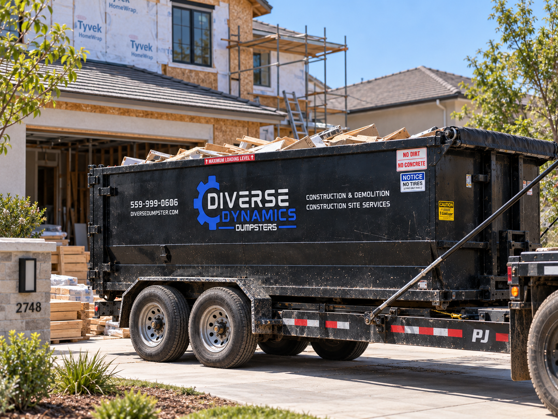 Black dumpster on wheels in street, orange cone in front. Tow truck in the background.