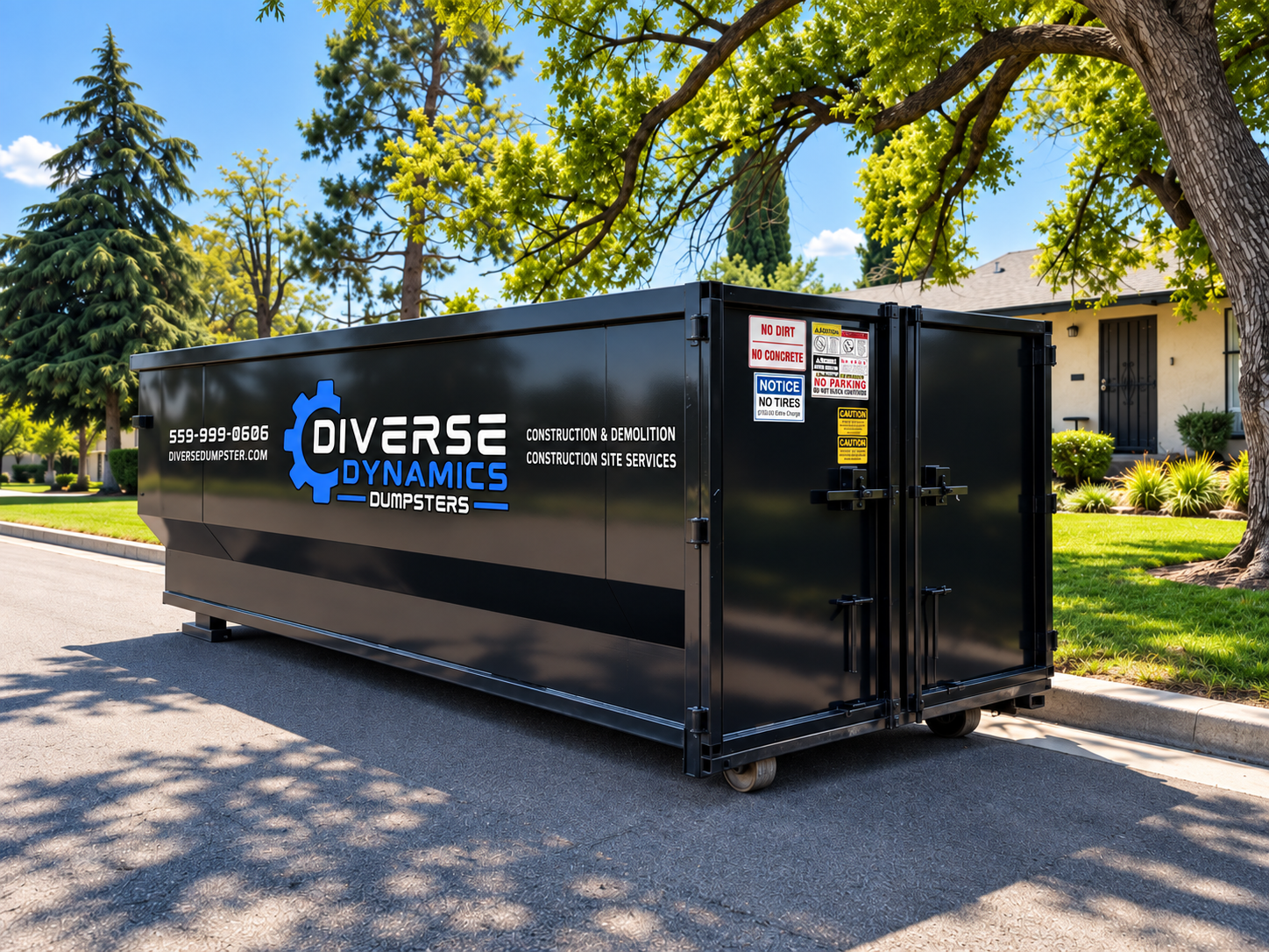 A dumpster is parked in a driveway in front of a house.