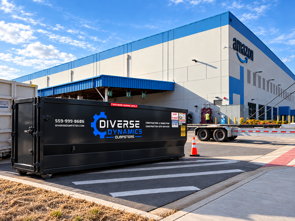Dumpsters sit outside a light-colored industrial building under a clear blue sky.