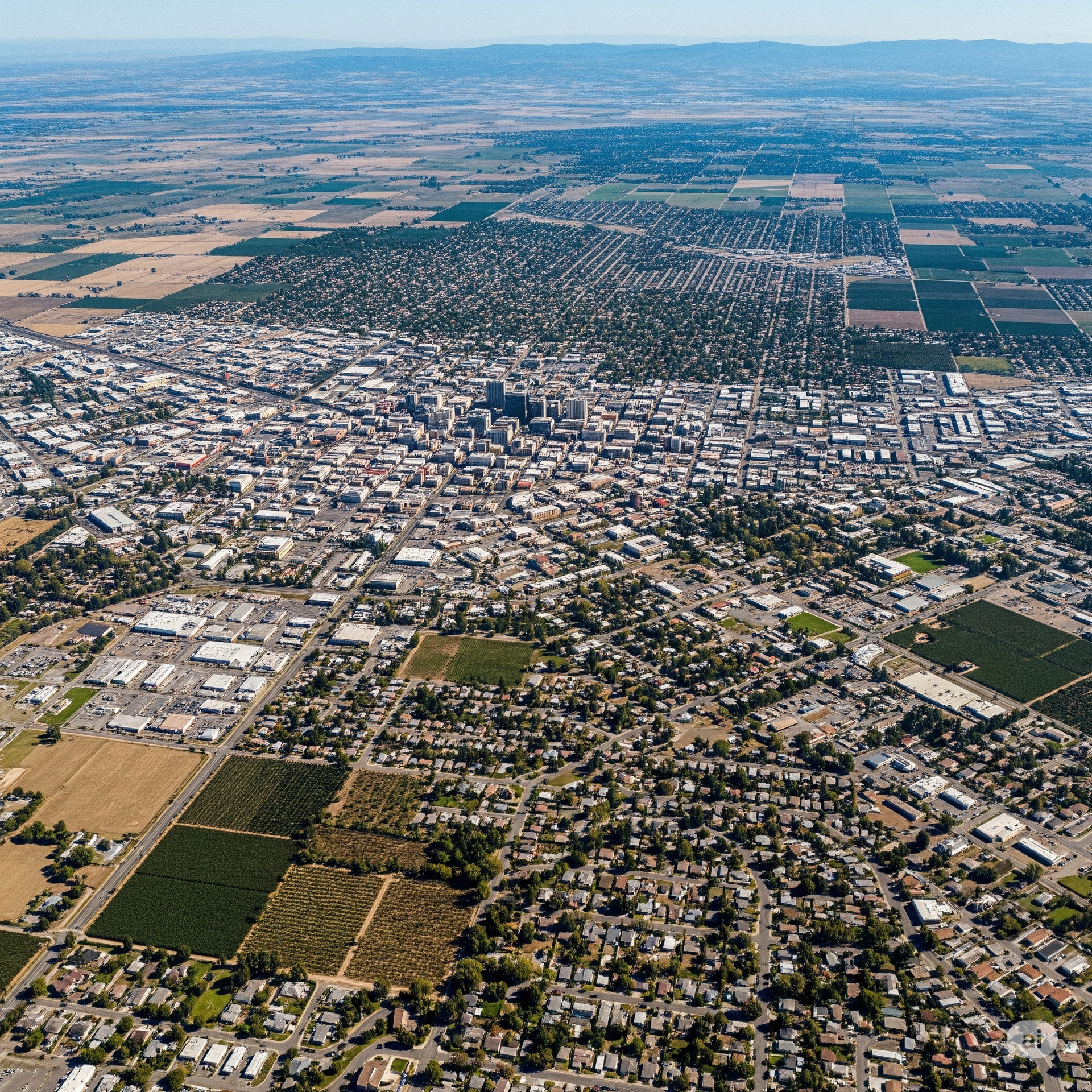 Aerial view of a city with buildings and green fields, under a clear blue sky.