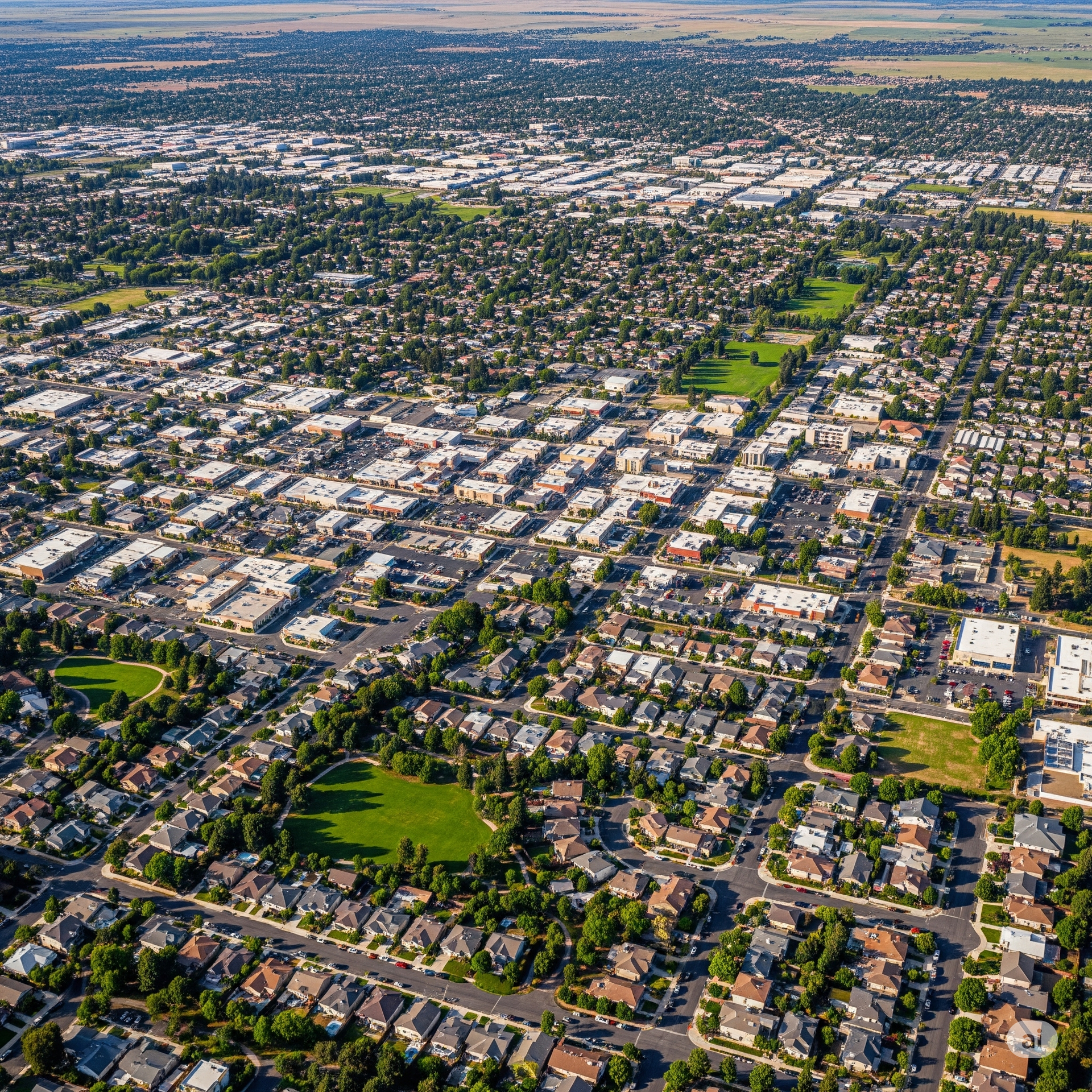 Aerial view of a suburban town with many trees, buildings, and green spaces.