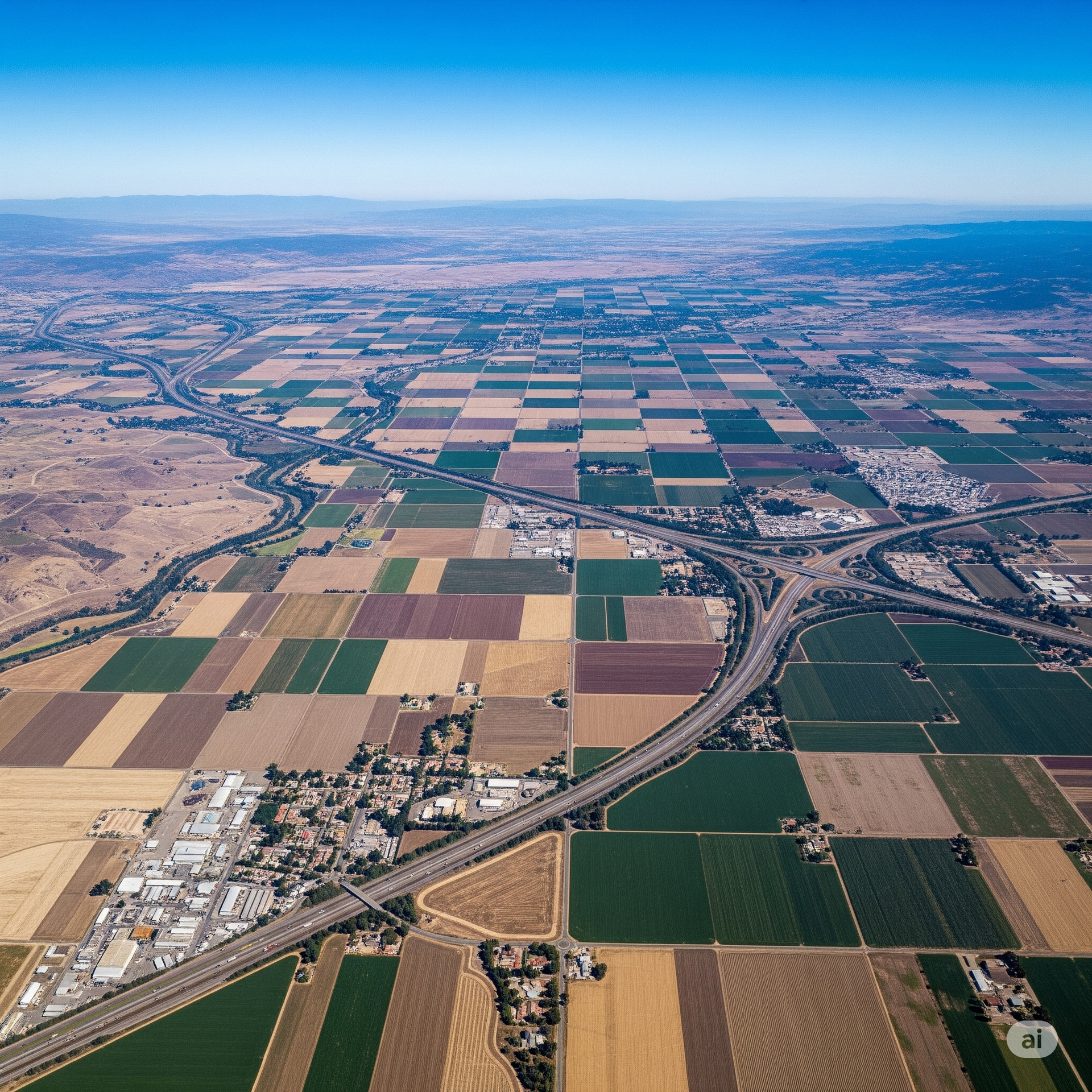 Aerial view of patchwork farmland with roads, buildings, and mountains in the distance under a blue sky.