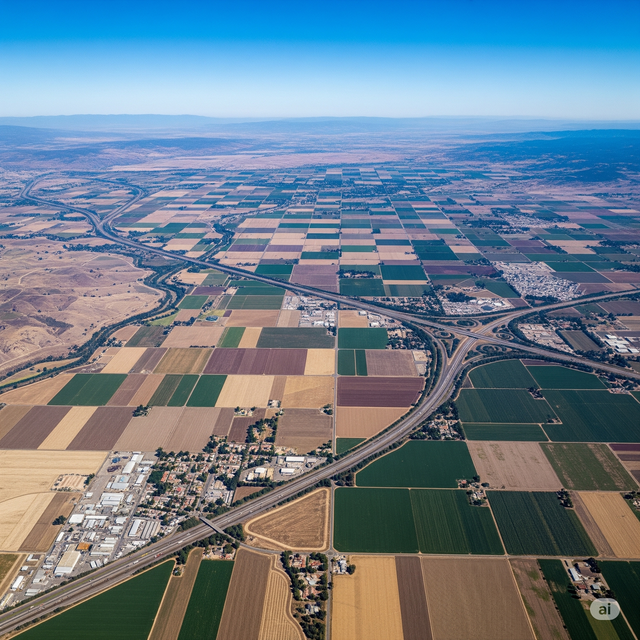 Aerial view of farmland with geometric fields in various colors, a highway, and town under a blue sky.
